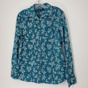 Lands End Green No iron Supima Cotton Floral Blouse,  Size 14